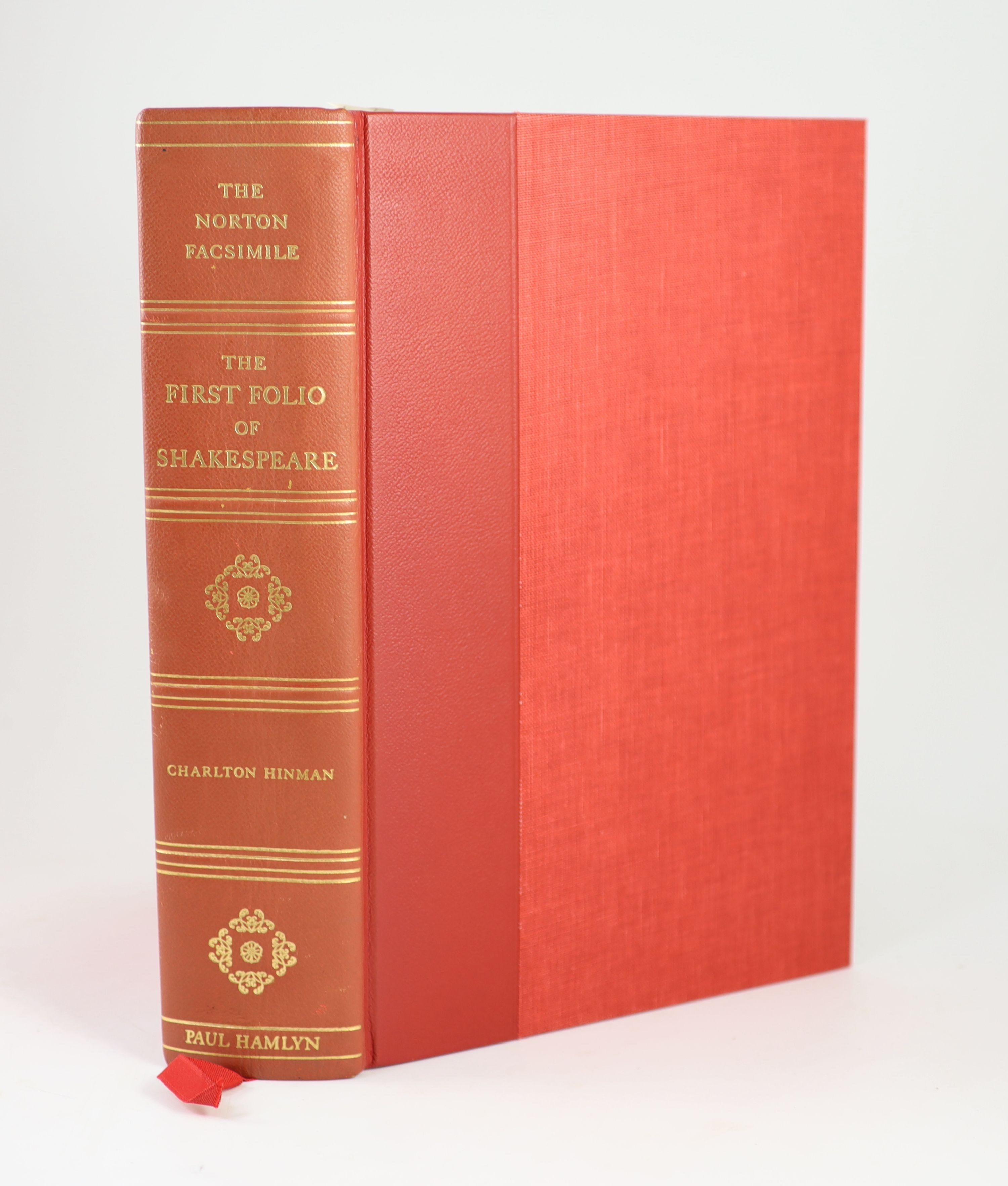 Shakespeare, William - The Norton Facsimile: the First Folio of Shakespeare. Prepared by Charlton Hinman. red morocco-backed buckram, gilt spine & top, patterned e/ps., in slipcase, thick folio. Paul Hamlyn, 1968